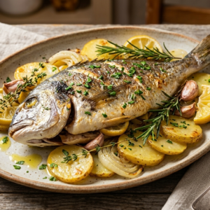 Dorada al Horno con Patatas Panadera y Limón