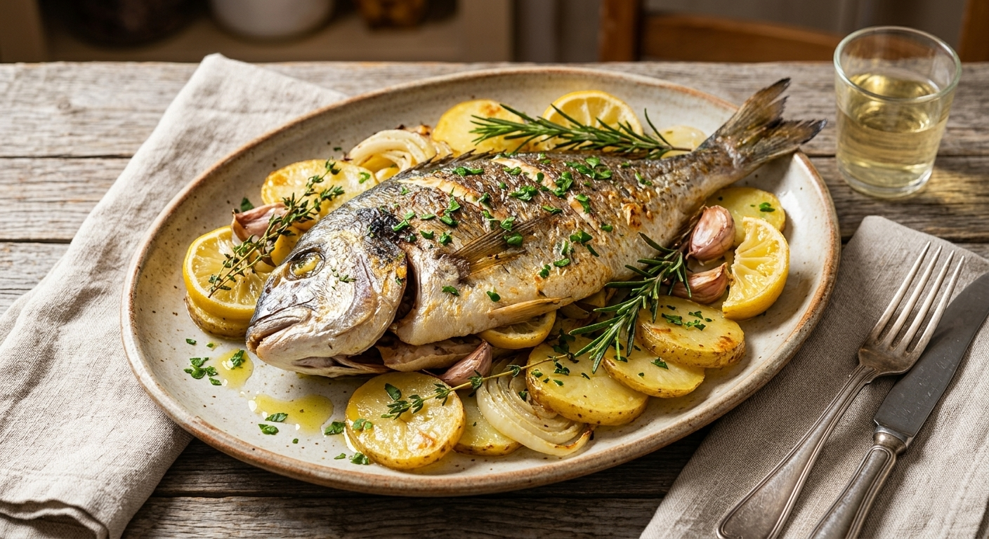 Dorada al Horno con Patatas Panadera y Limón